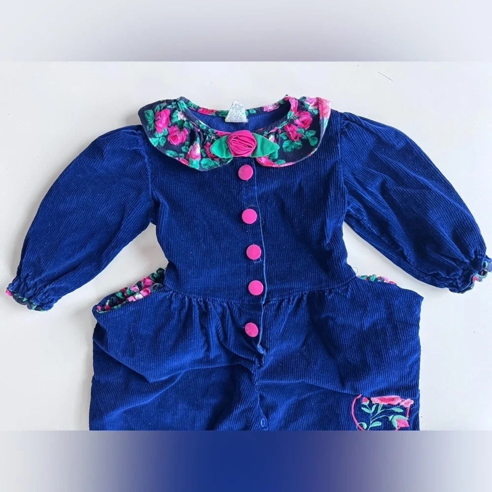 Vintage 80s 90s Blue Corduroy Floral Collar Jumper Romper Outfit Toddler 2T